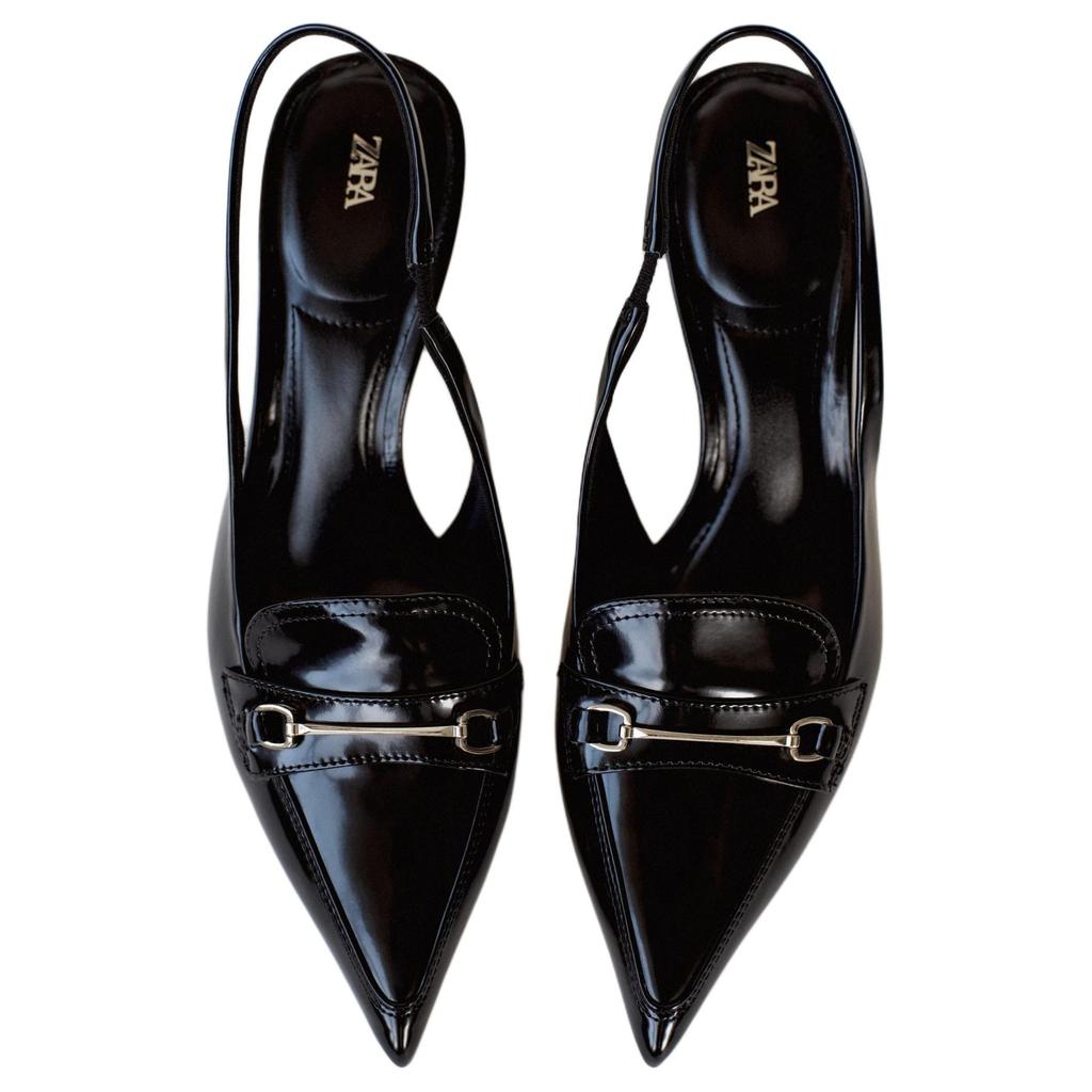 Zara Metal Detail Pointed Toe Slingback Heels Black Women 12218510-38