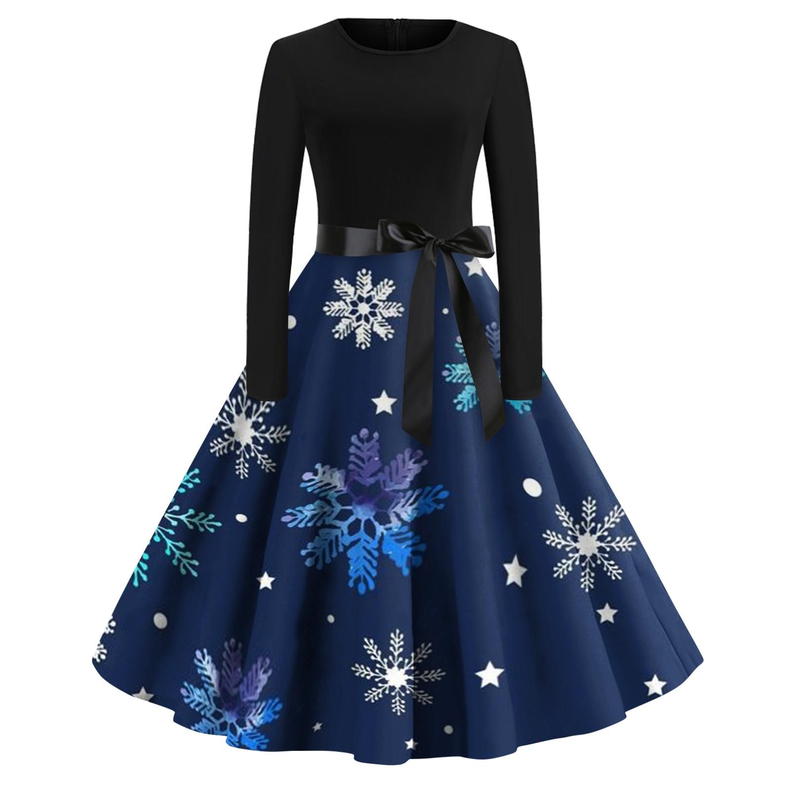 

Жіноча повсякденна модна вінтажна довга сукня з різдвяним принтом і круглим вирізом з довгим рукавом L синій