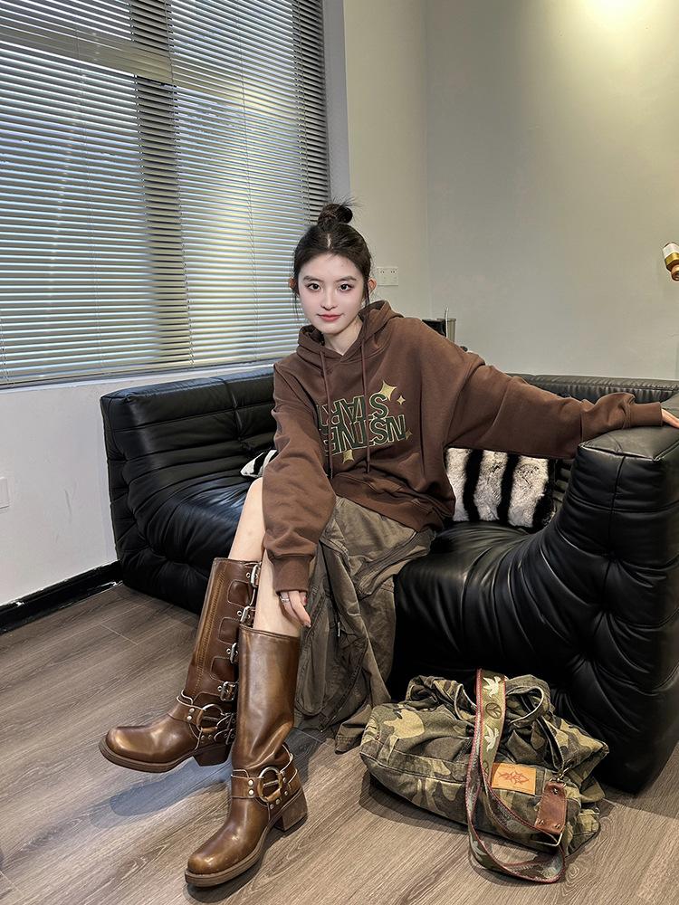 Cowhide Version Boots, Long Boots, Women's Thick Soles, Popular This Year, Maillard Western Cowboy Boots, Retro Knight Boots
