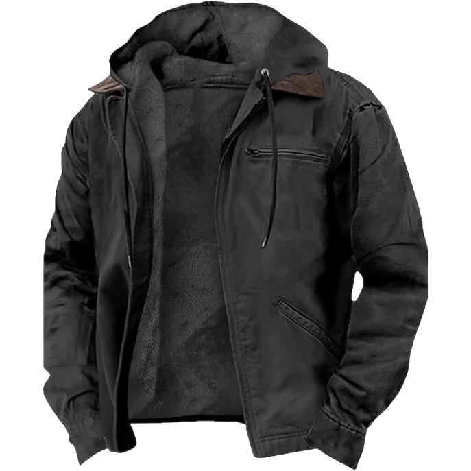 Unifarbene Kapuzen-Baumwolljacke Lässig Herren Fleecegefüttert Reißverschlusstasche Locker geschnittener Mantel