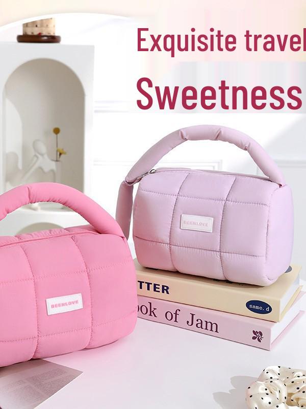 Candy Color Puff Handbag: Women's Large Capacity Makeup Storage Bag