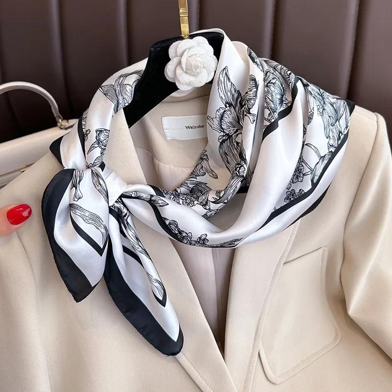 Luxury Floral Print Silk Square Scarf Women Foulard Hairband Hands Bag Ribbon Head Hijab Neckerchief Headbands Soft Satin