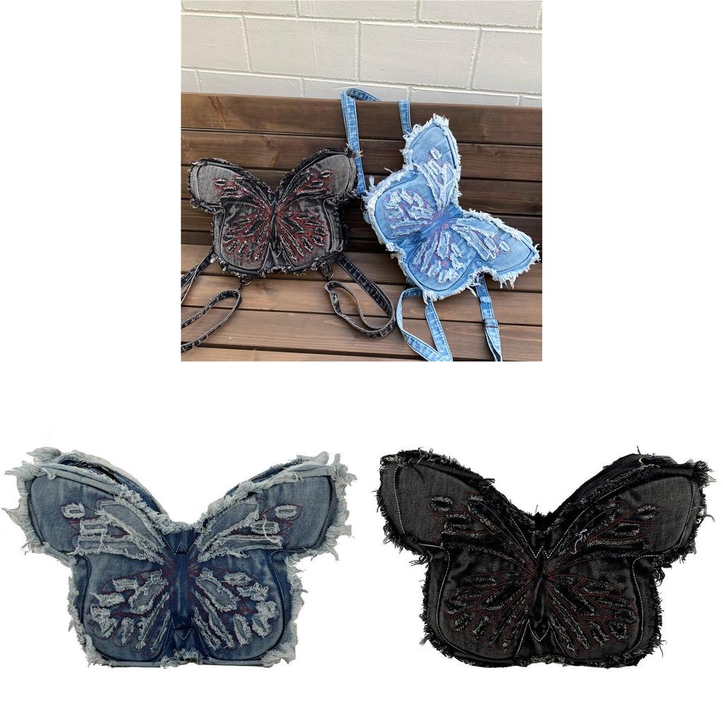 Borsa a Spalla Urbana in Denim con Ricamo a Farfalla e Pochette con Cerniera per Uso Quotidiano
