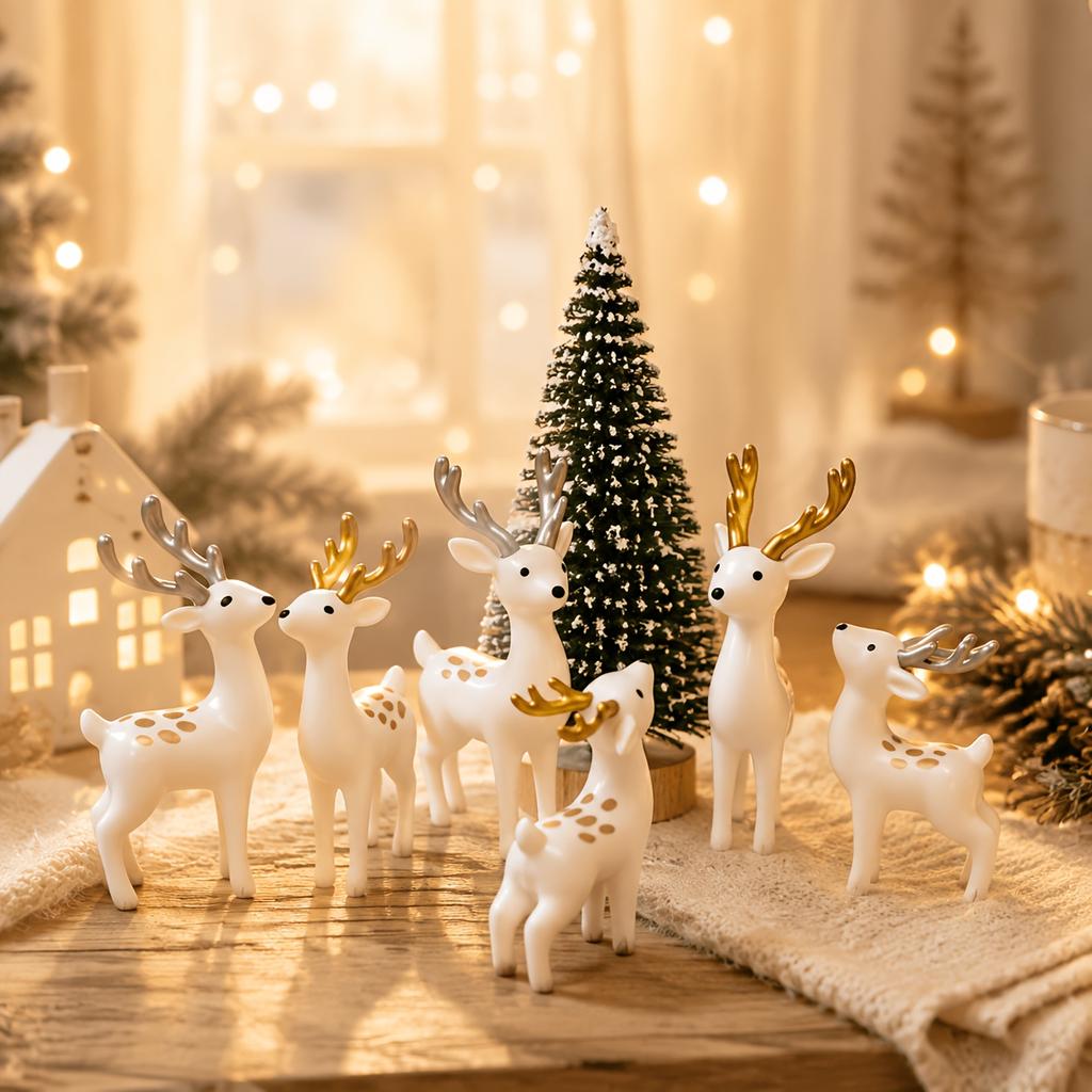 3pcs Christmas Deer Figurines Set Woodland Style Tabletop Decorations with Snowy Tree Holiday Ornaments for Living Room Office Desk Shelf Home Decor