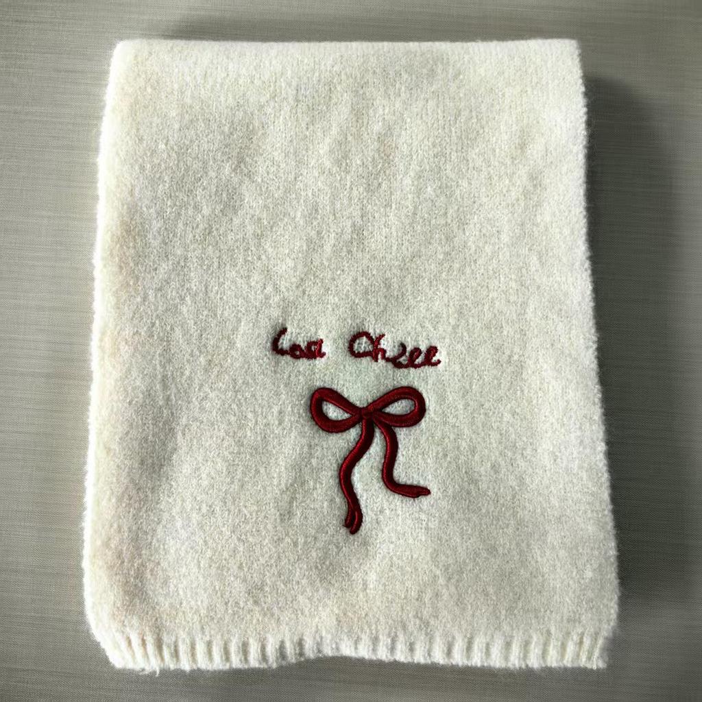 Japanese-Style Women's Winter Scarf: Cute Bow Knot, Warm Knitted Neck Gaiter with Embroidery