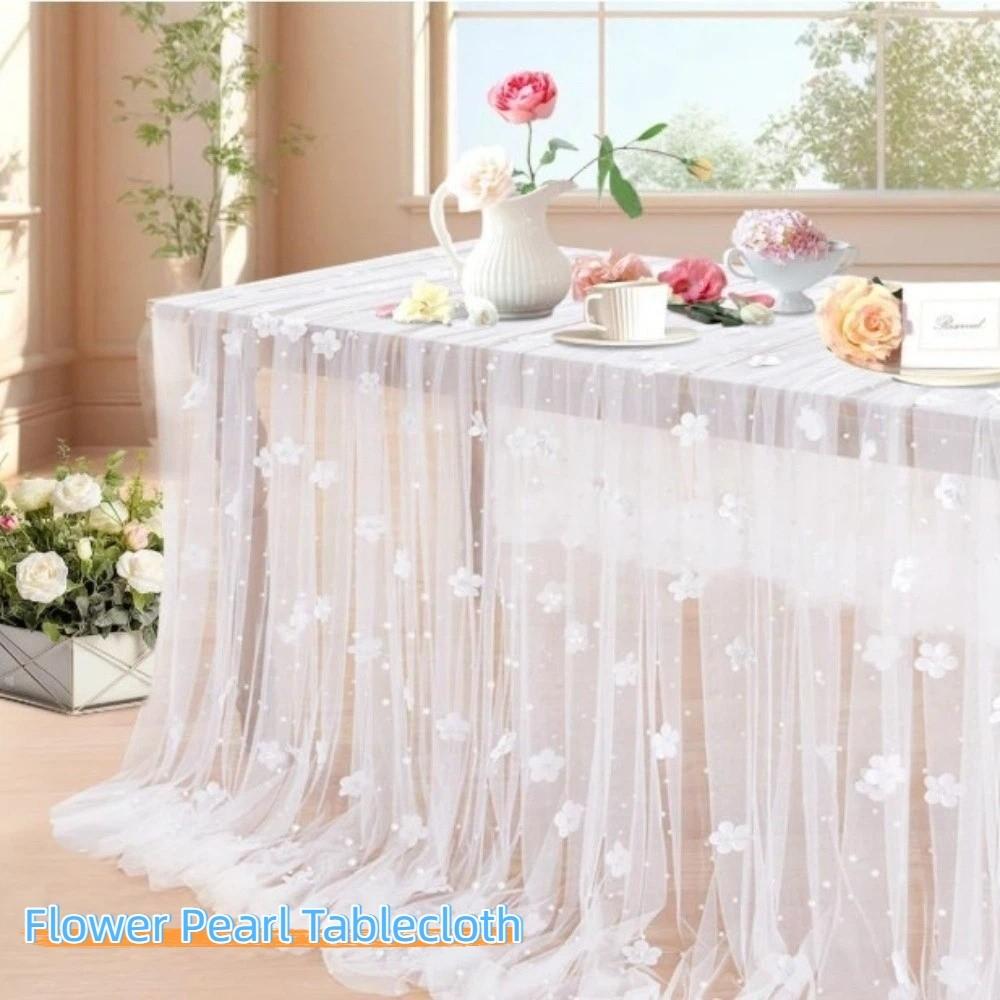 Pearl Embellishments Flower Pearl Tablecloth Elegant Tulle Fabric Tablecloth  Bridal Shower