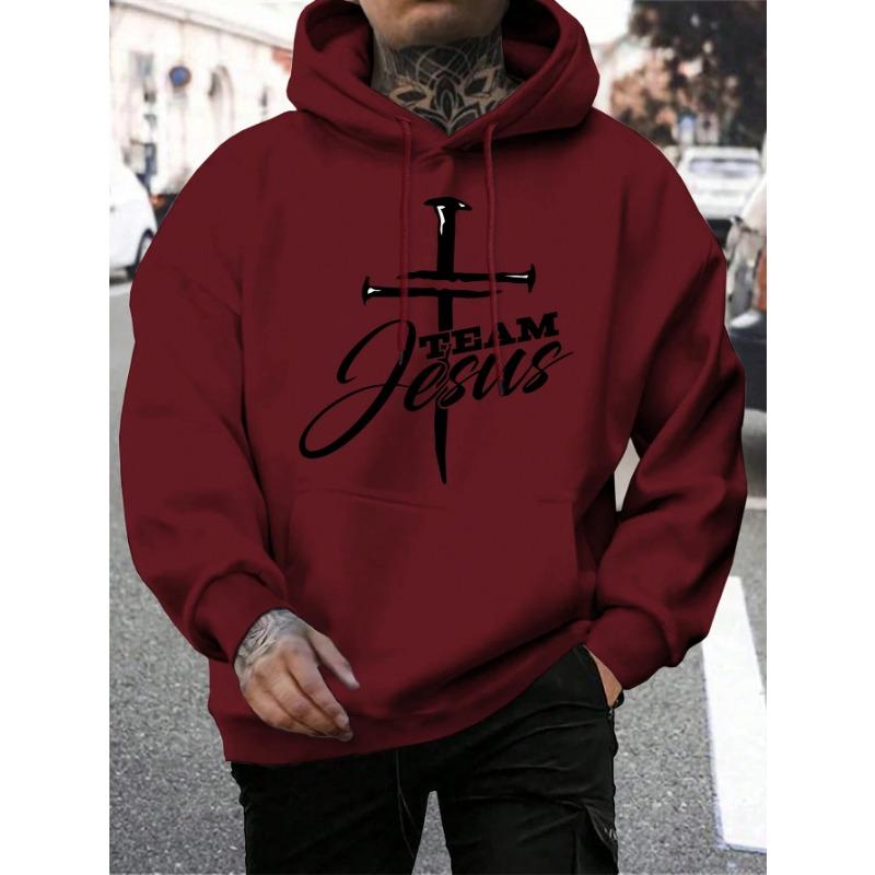 Team Jesus Letter Design Printing Men's Sweatshirt Fashion Warm Hooded Casual Pocket Hoodies Autumn Loose Streetwear