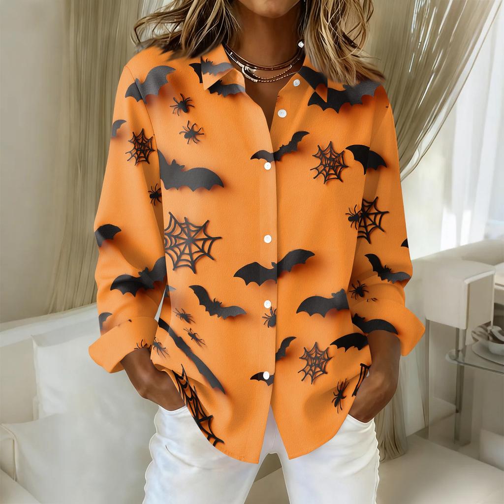 Women’s Halloween Print Button Down Long Sleeve Fit Shirt Turn Down Collar Top for Casual Daily Wear