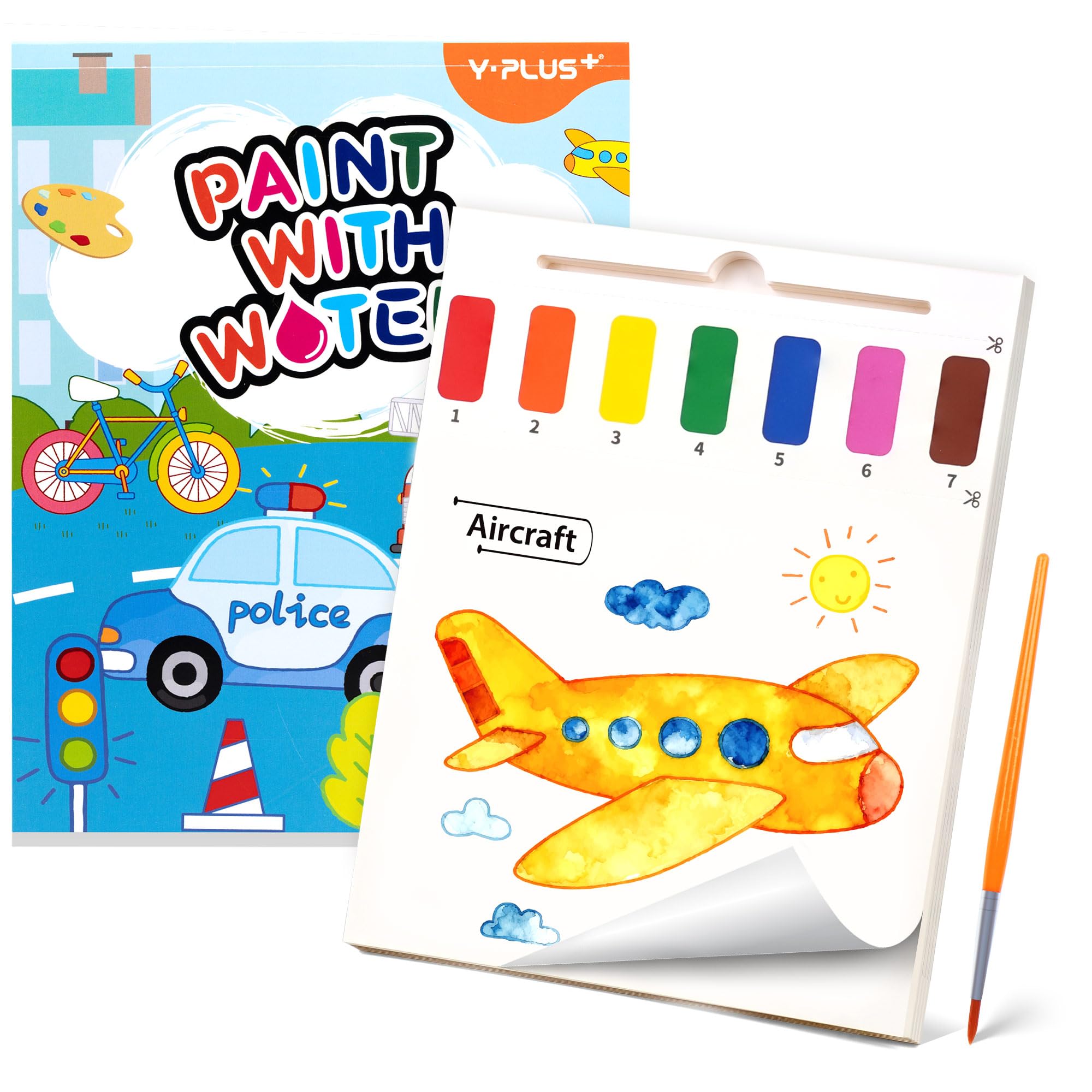 

YPLUS Watercolor Painting Book for Ages 3 and Watercolor Reusable Coloring Book with Art Craft Transportation Toddlers, Up, Paper, Brush, Gift,
