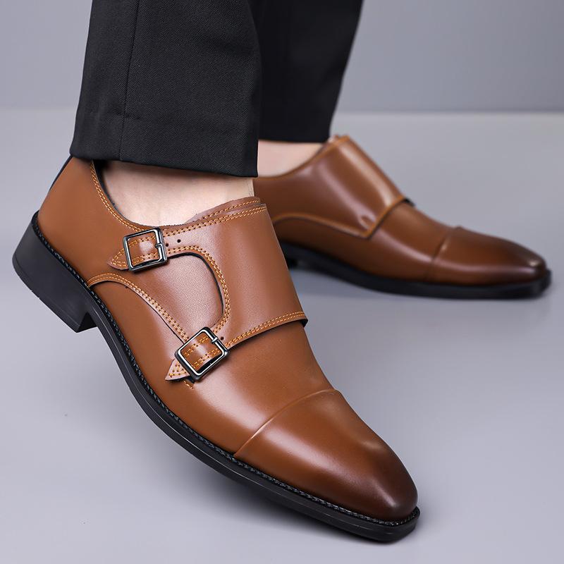 Britain Gentleman Retro Men Pointed Monk Strap Loafter Patchwork Flats Leather Shoes Casual Loafers Formal Dress Footwear