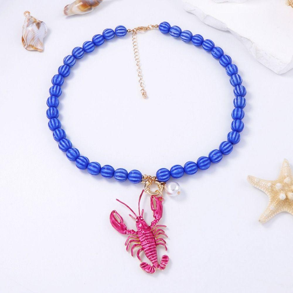 Lobster Enamel Crab Pendant Necklace Cute Bohemian Collarbone Chain  Beach