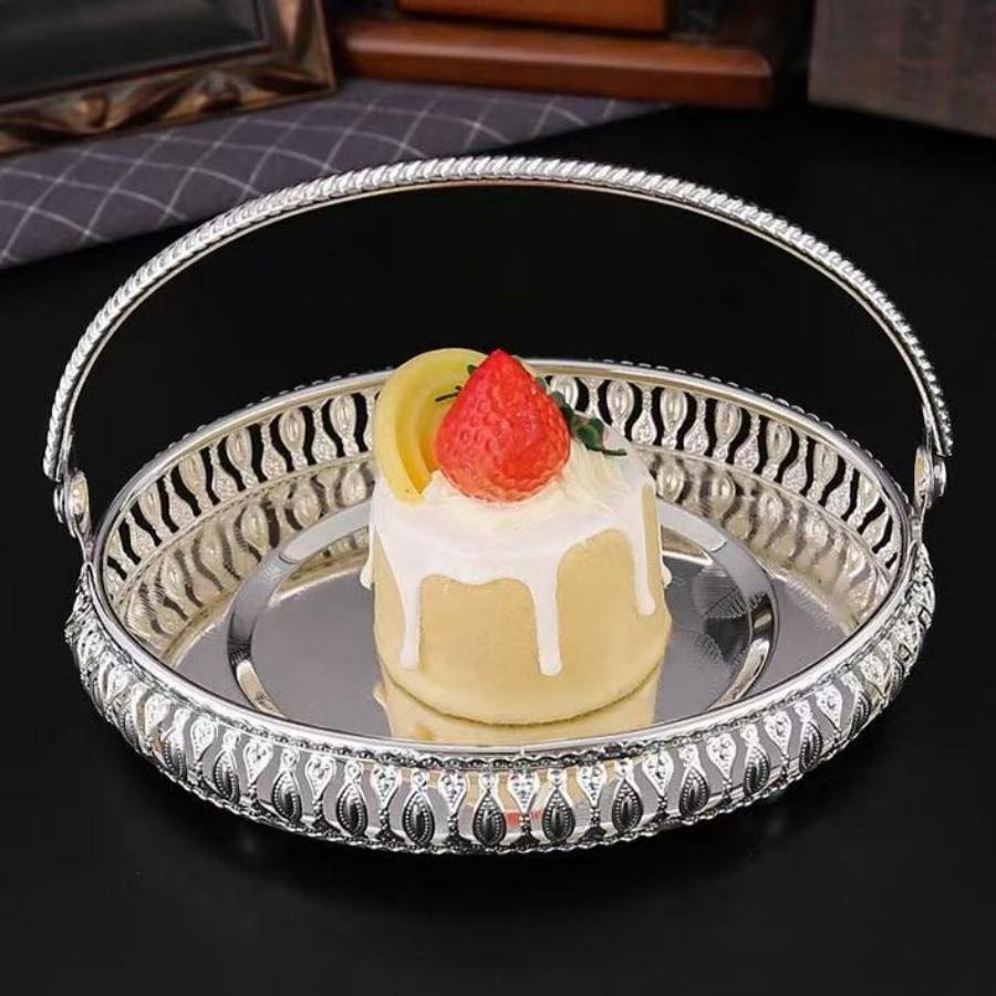 Vassoio Frutta, Piatto Rotondo in Lega Portatile Disco Argento per Snack, Decorazione Scrivania Soggiorno Forniture per Conservazione Torte Decorazione Matrimonio