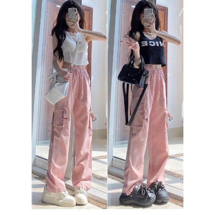 Women Y2K Cargo Pants High Waist Streetwear Hip Hop Trousers Female Big Pockets Casual High Waisted Drawstring Baggy Sweatpants