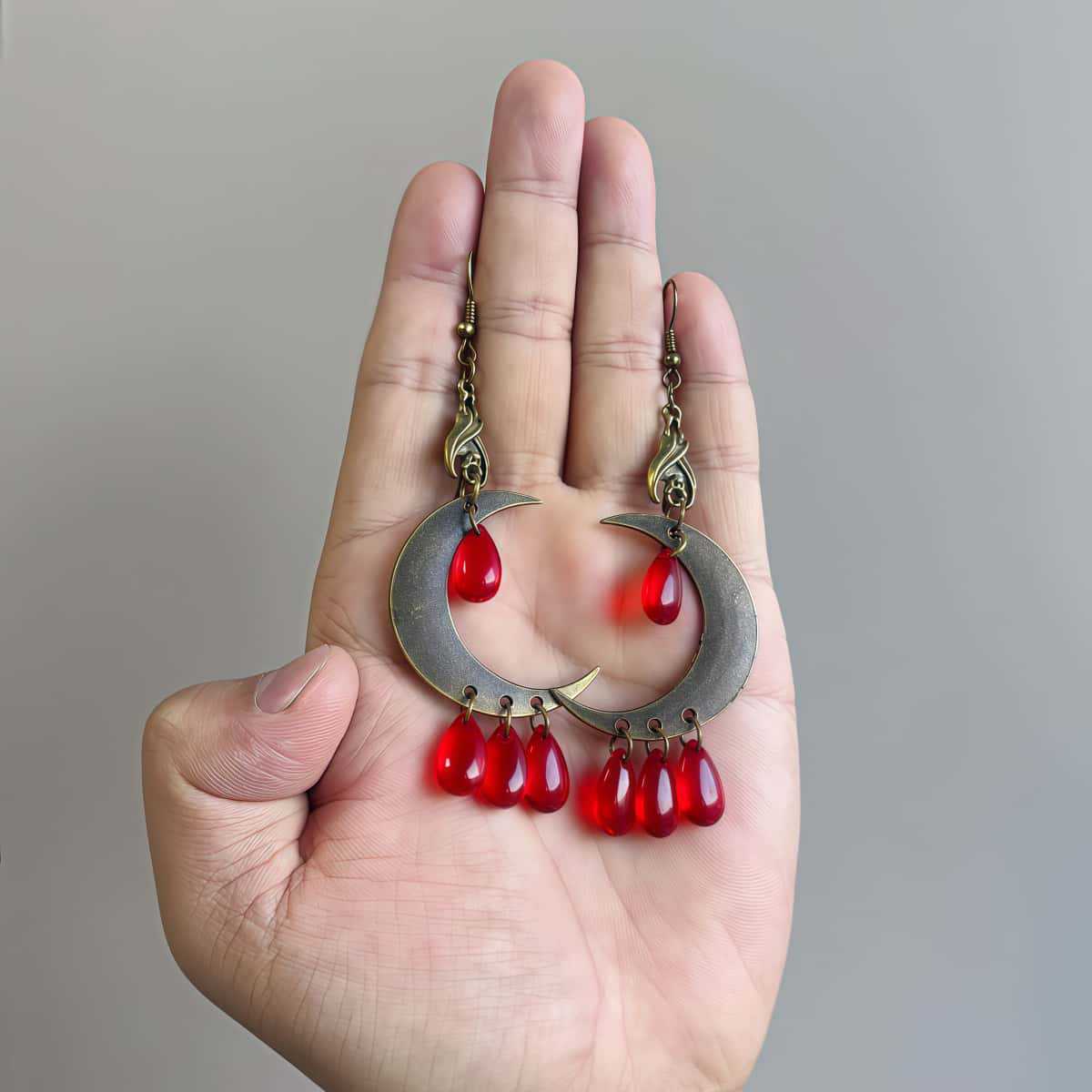 

Gothic Bronze Bat Earrings, Moon and Drops, Red Crystal Magic