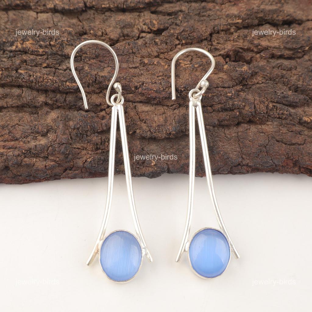 Natural Dark Blue Cat's Eye Sterling Silver Drop Mothers day Earrings Jewelry EE-136-34