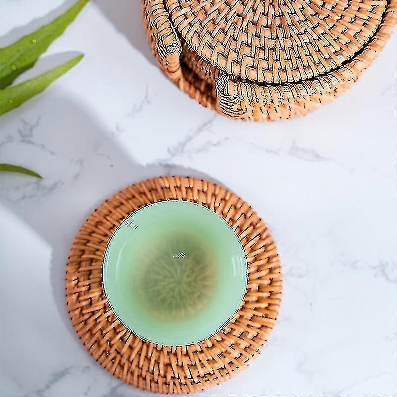 Rattan Coaster With Stand Storage Box Handmade Tea Cup Round Edge Coaster Suitable For