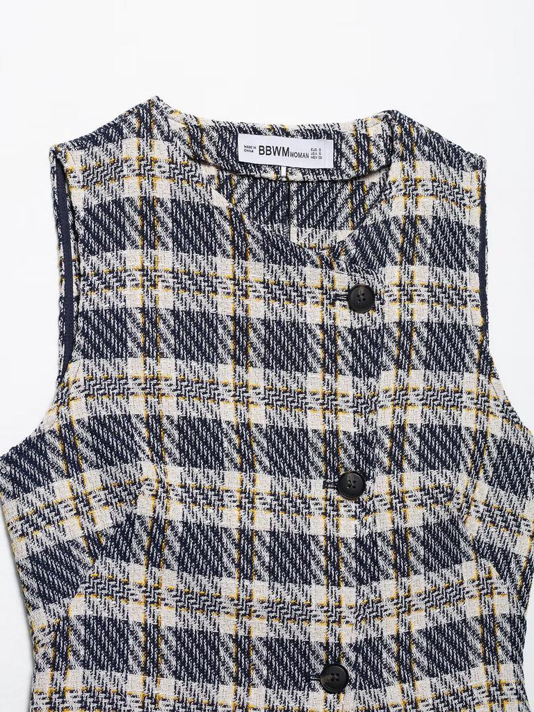 European & American Women's Summer Plaid Sleeveless Vest and Wide Pleated Culottes Set A36231/2