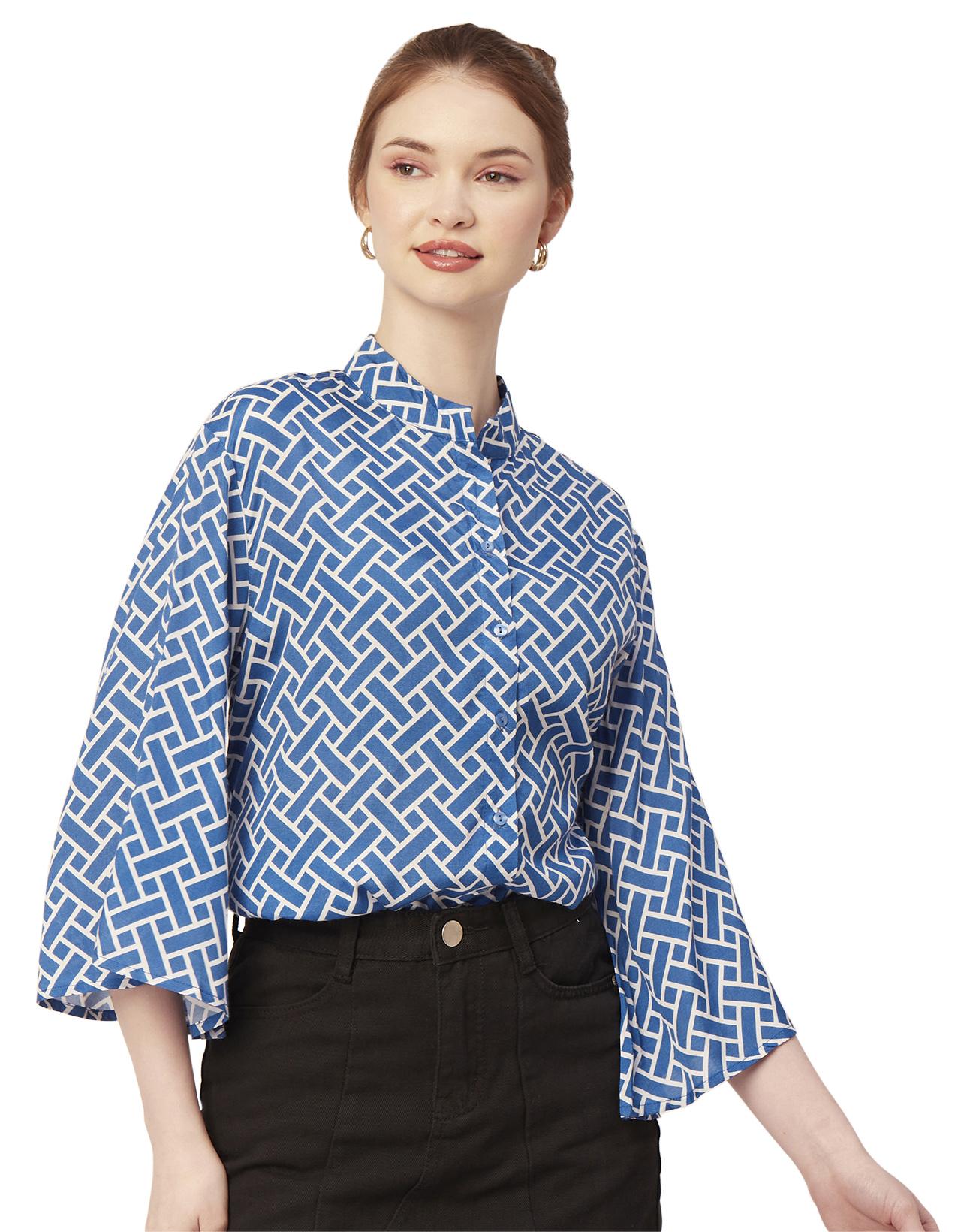 

Жіночий оверсайз-топ з принтом Moomaya, повний рукав, сорочка на ґудзиках XS синій