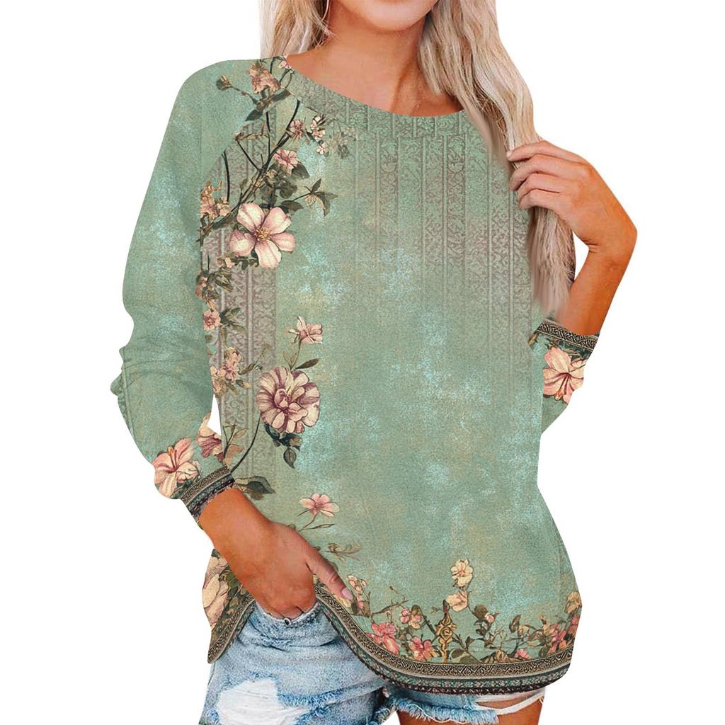 Damen Modisches Rundhals Schulter Langarm Bedrucktes Lässiges Pullover-Oberteil