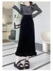 Women's Layered Velvet Midi Skirt with High Slit and Ruffle Lace - Thickened for Autumn and Winter