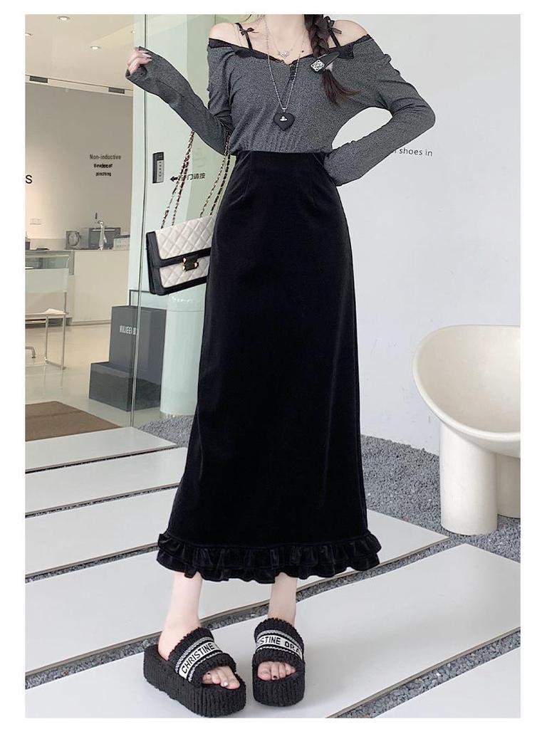 Women's Layered Velvet Midi Skirt with High Slit and Ruffle Lace - Thickened for Autumn and Winter
