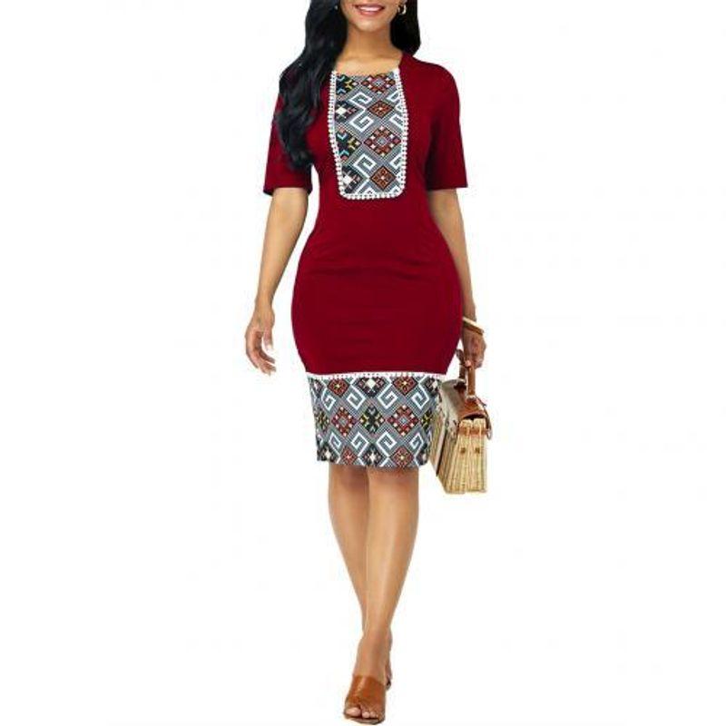 

Women s 2022 Printed Slim Hip Collar Dress Red L