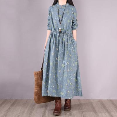Spring New Vintage Lace Up Pleated Loose Cotton Linen Long Sleeved Dress for Women