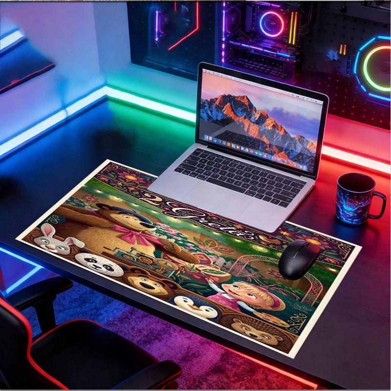 Custom Name Personalized Masha and the Bear Pattern Mousepad, Laptop PC Desk Mat, Decorative Desk Mat for Home Keyboard Pad Gift