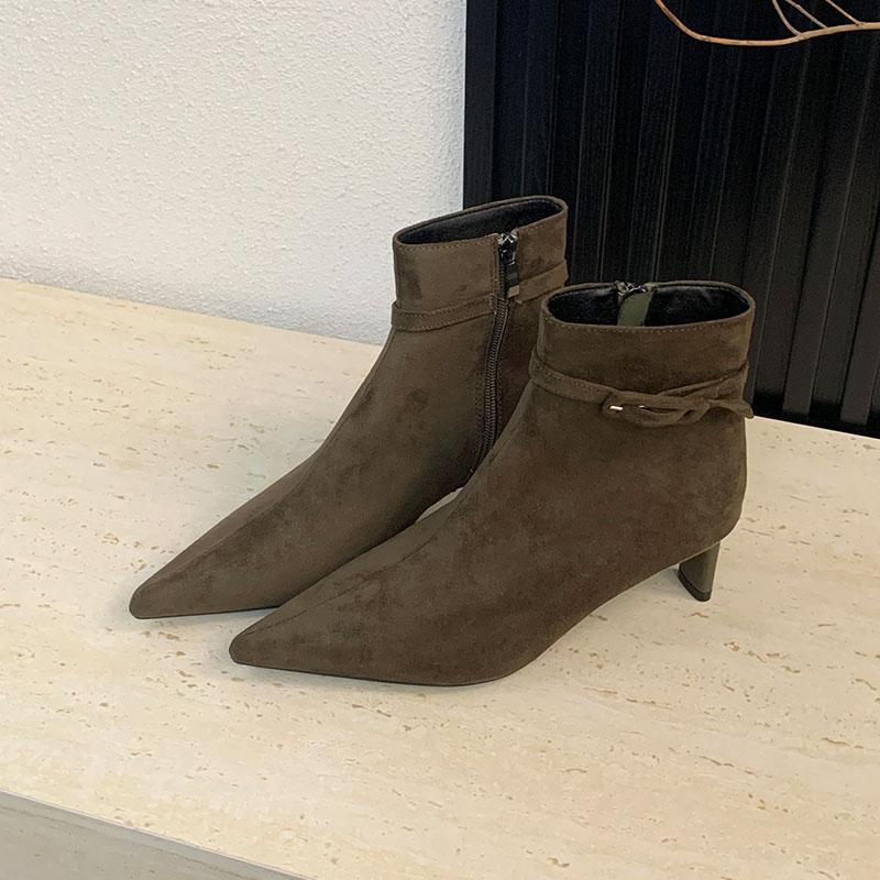 Fashion New Fashion Flock Women Ankle Modern Boots Heels Shoes Pumps Female Pointed Toe Ladies Short Boots With Zippers Shoes