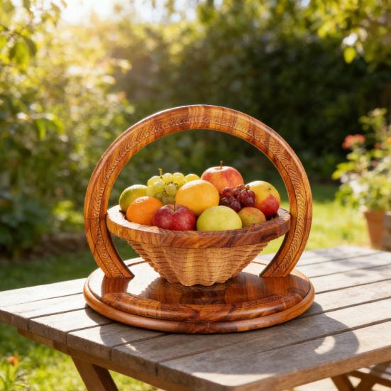 Wood Fruit Basket with Heart-Shaped Partition Hand-Carved Decorative Serving Tray for Fruits Nuts Snacks Multifunctional Home Decor