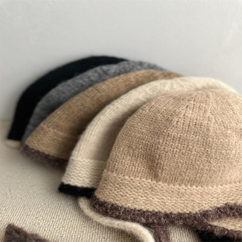 Autumn and winter ear protection knitted hat women's small fresh straps wool hat thermal pullover hat fashionable plush head hat