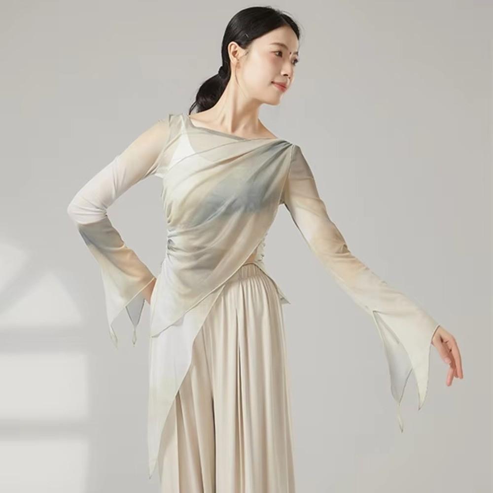 Long Slit Classical Dance Mesh Top Prints Chinese Hanfu  Women Dance Wear