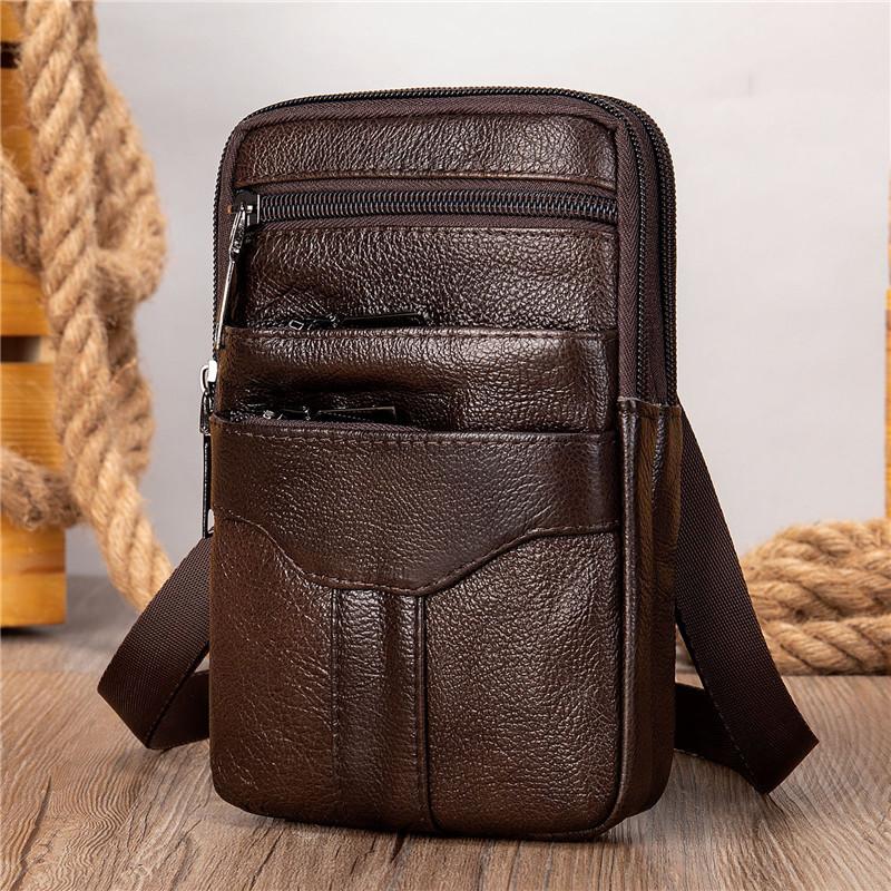 Heren Echte Lederen Crossbody Sling Tas, Compacte Schoudertas met Dubbele Rits en Meerdere Vakken voor Telefoon, Portemonnee, Reisbenodigdheden