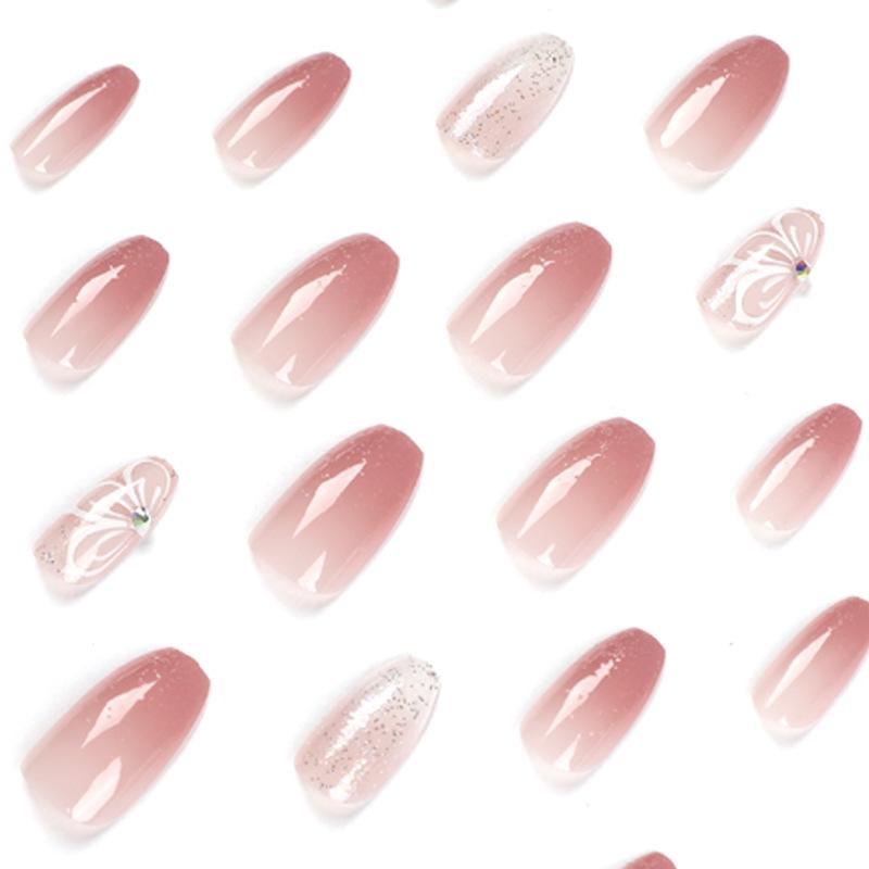 24Pcs Wearable Fake Nails Pink Gradient Glitter Butterfly Rhinestones Full Cover Acrylic Nail Tips With Press Glue Detachable MYY