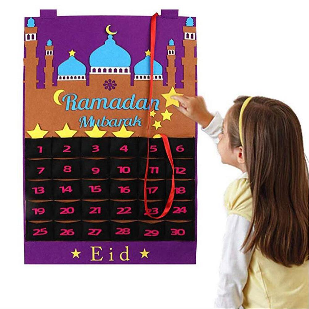 DIY Eid Mubarak Felt Ramadan Calendar With Pocket for Kids Gifts Countdown Calendrier Ramadan 2026 Kareem Muslim Party Decor