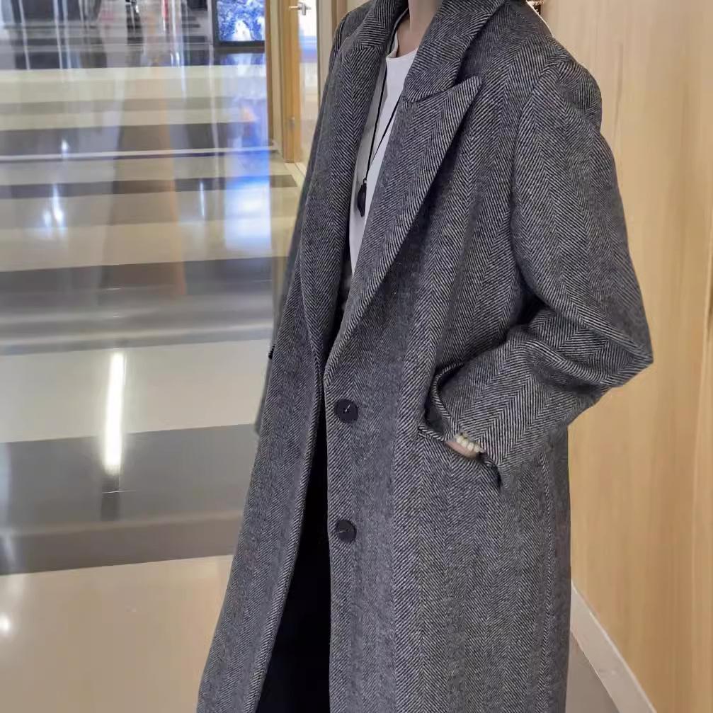 Daily commuter suit herringbone pattern wool coat thickened and thin autumn and winter new femininity gray