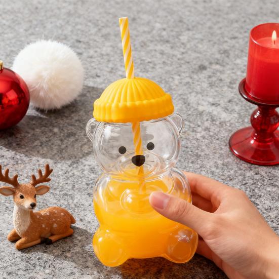 Yousheng Medvídek Pítko s víčkem a brčkem Roztomilý design medvídka Skleněný kelímek na džus, mléko, čaj, smoothie Vhodný do mikrovlnné trouby Kelímek na nápoje pro děti a dospělé