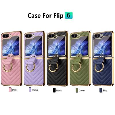 Elegant Plating Leather Ring Bracket for Samsung Galaxy Z Flip 6 5 4 3 Case with Mirror Film Folding Protection Shockproof Cover