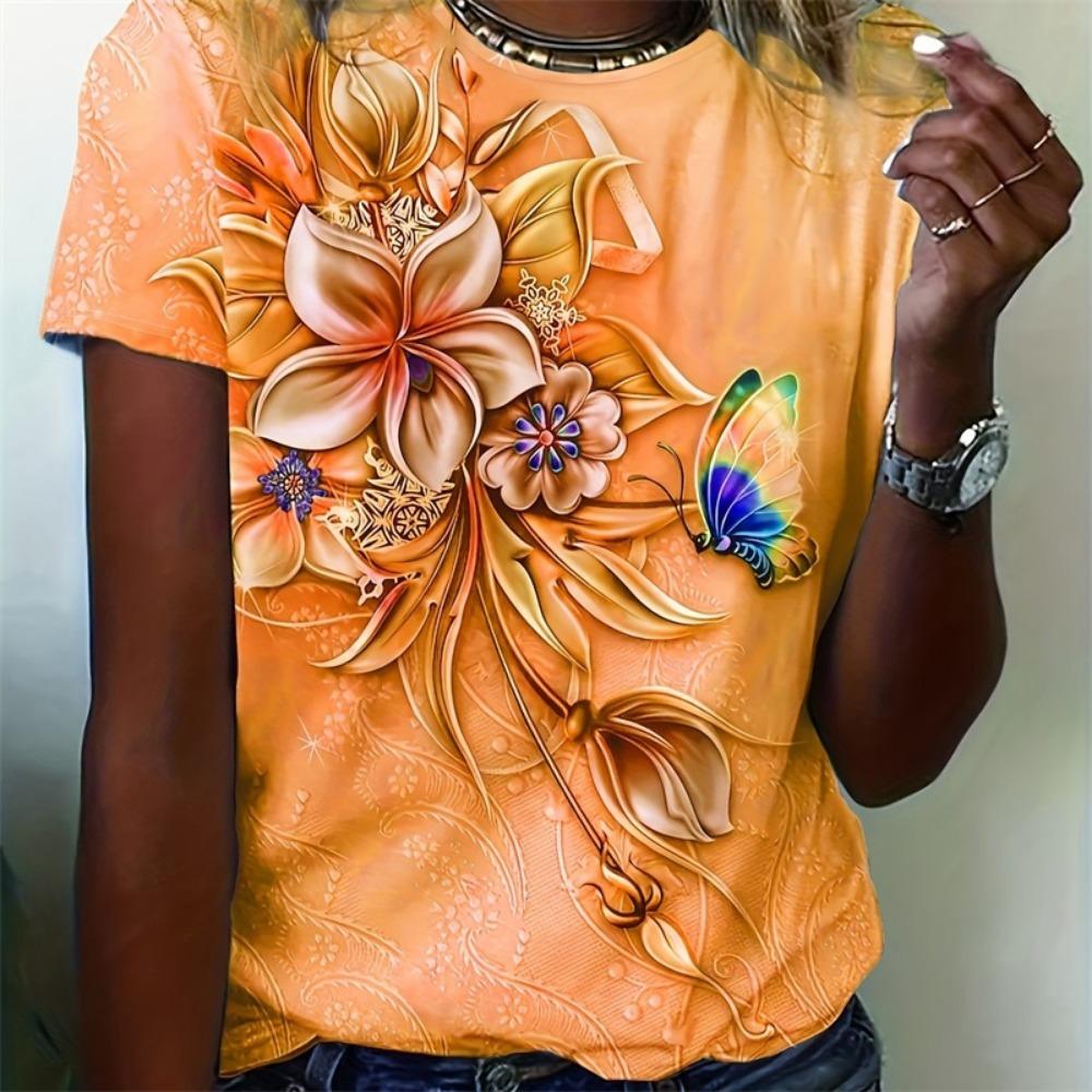 Women Flower Butterfly Printed Summer NEW In Oversized Popular  Clothes Short Sleeve