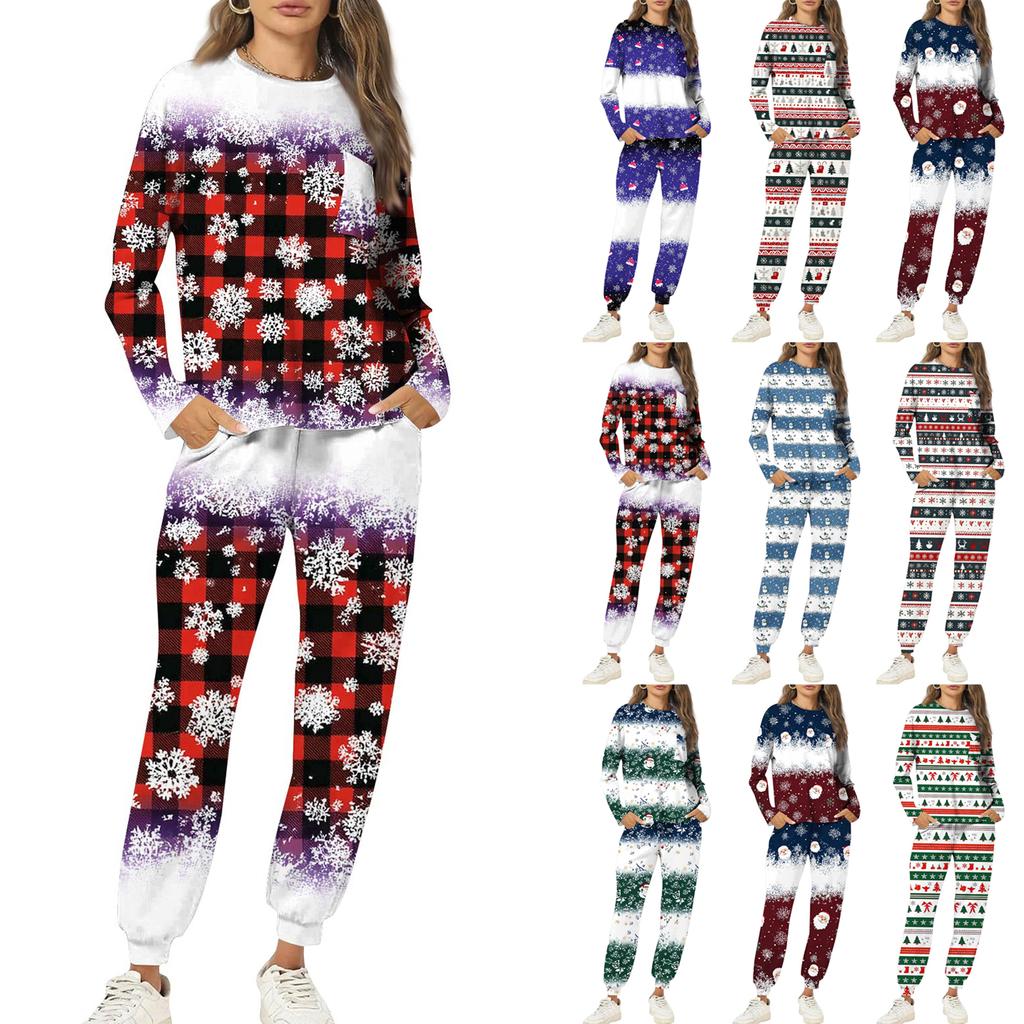 Sets For Women 2 Piece Round Neck Long Sleeve Shirts Printed Sweatpants Pocket Sets