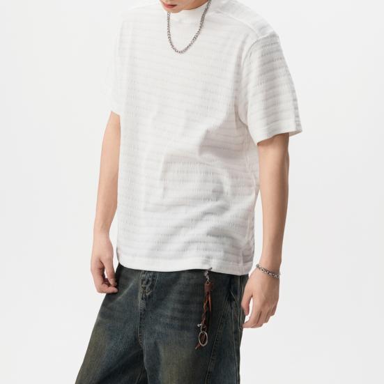 Men T-shirt Round Neck Short Sleeve 3D Striped Jacquard Design Tee Shirt