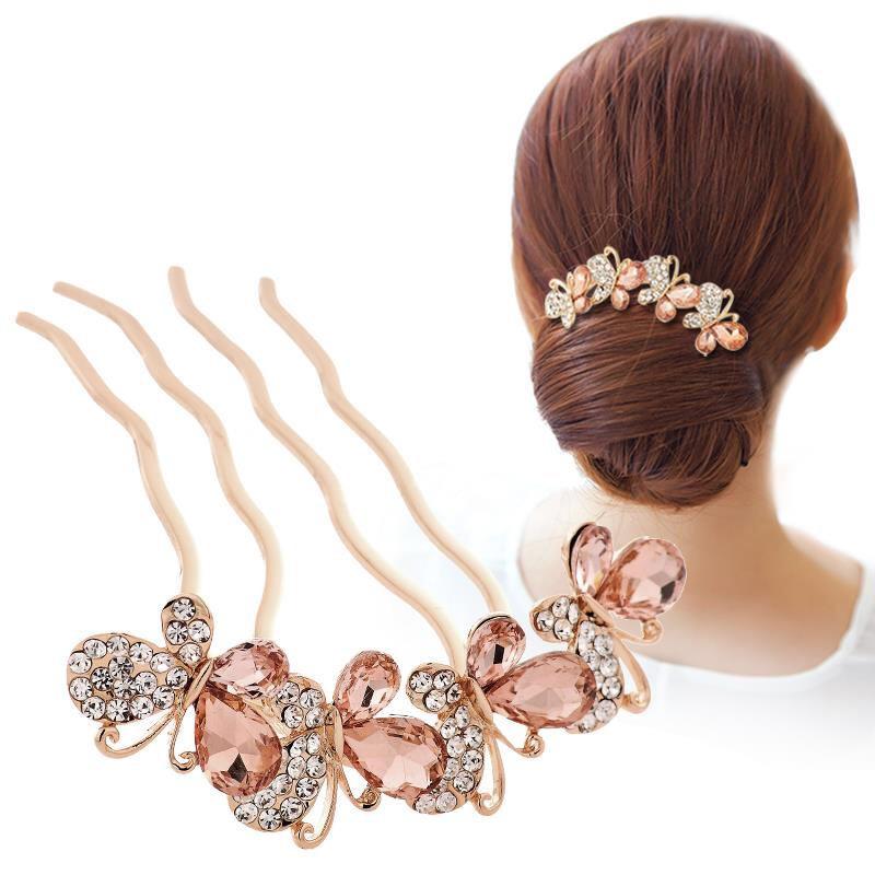 

Korean Crystal Butterfly Alloy Four-Tooth Hair Comb - Elegant Updo Headwear Tool