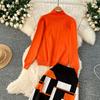 Høst Vinter Kvinner Elegant Strikket Genser Kontor Todelt Sett Ståkrage Pullover Topper og Lang Maxi Skjørt Dress