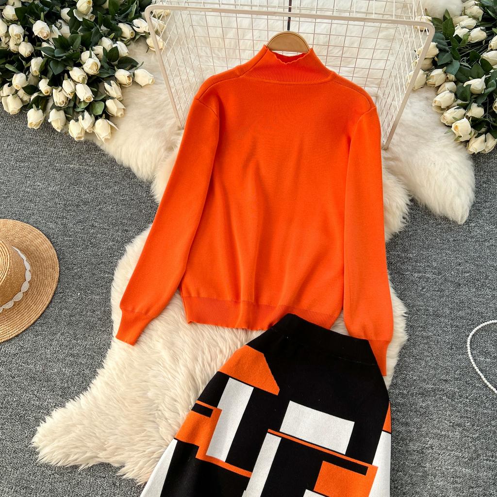 Høst Vinter Kvinner Elegant Strikket Genser Kontor Todelt Sett Ståkrage Pullover Topper og Lang Maxi Skjørt Dress