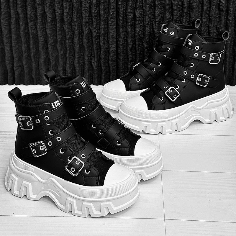 Trend Unisex Women Men Black Motorcycle Boots Thick Soled Belt Buckle Lace Up High Top Sports Shoes Short Boots Lace Up