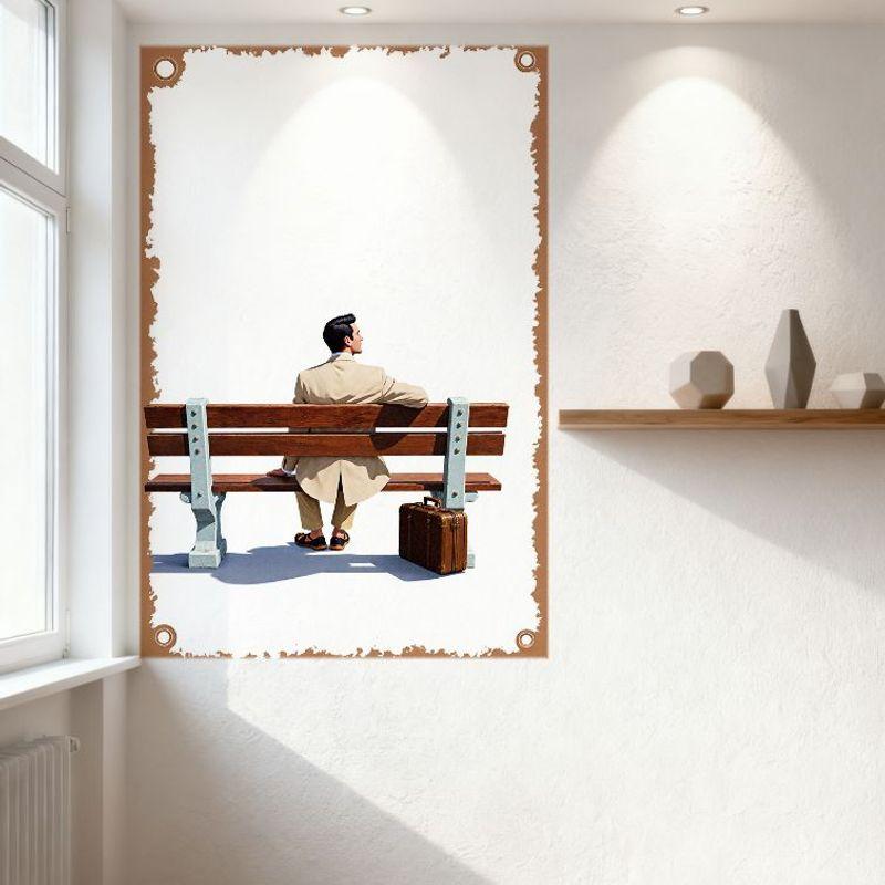 Vintage Man On Wooden Bench with Suitcase Metal Tin Sign, Retro Art Wall Decor for Home Bar Man Cave Cafe Decor, Rustic Illustra