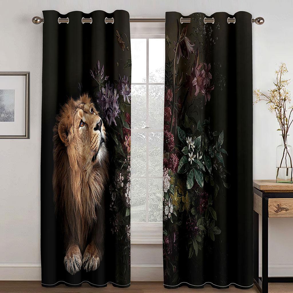 Lion Leopard Animal Black Thin Blinds Window Curtains Lights For Kids Living Room Kitchen Bedroom Bathroom 2Pieces Treatments