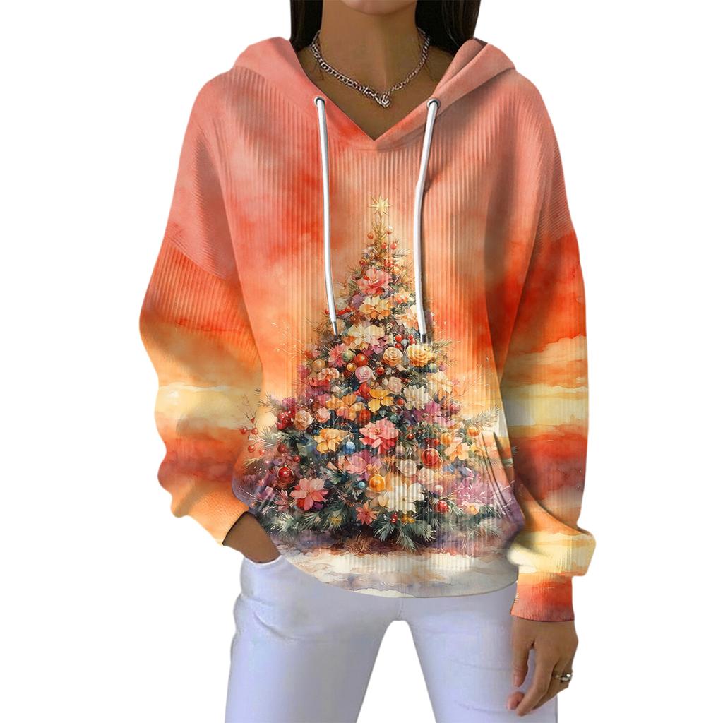 Women's Loose Comfortable Casual Fashion V-Neck Christmas Print Long Sleeve Hoodie