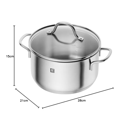 ZWILLING Flow Stew Pot, 20cm with Glass Lid, 3.0L, Triple-Layer Stainless Steel Base, 10-Year Warranty [Official Japanese Product] FLOW 71022-200