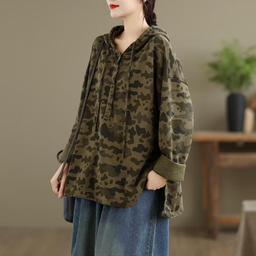 Dimanaf Nuevo 2025 Sudaderas y sudaderas de camuflaje de algodón para mujer Estampado Manga larga Otoño Tops básicos Camiseta Nuevo Jersey